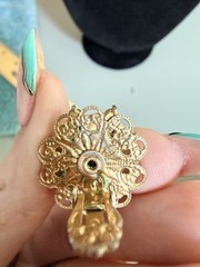 Vintage Rare White And Green Cabochon Clip On Earrings Set In Gold Tone