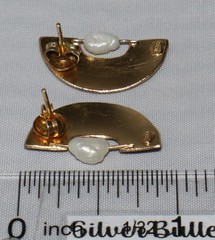 Vintage Sterling Silver Gold Wash Guilloche? Purple Enamel Pearl Post Earrings