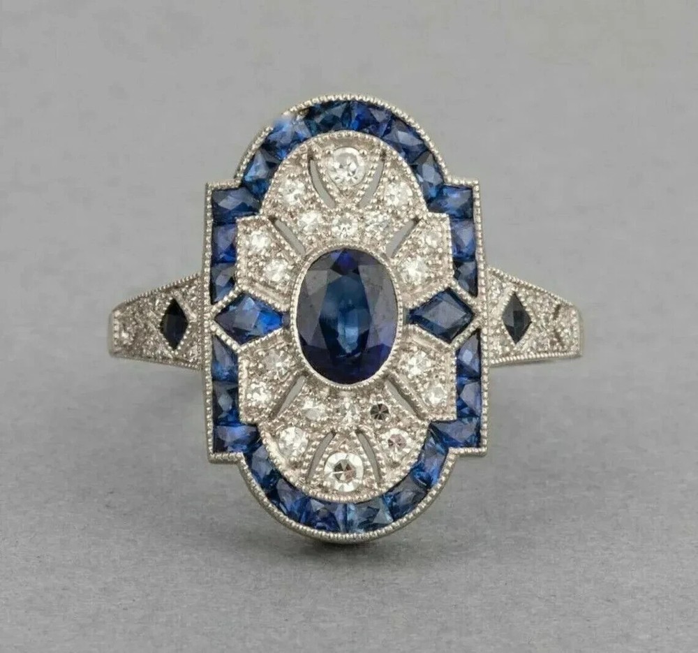 Lab Created Sapphire Diamond Vintage Style Art Deco Engagement 14K Gold FN Ring
