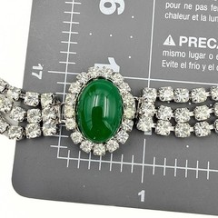 Eisenberg Ice Signed Green Glass Cabochon Clear Rhinestone Necklace Earring Set