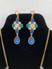 Vtg Avon JJH Blue Green Cabochon Clear Rhinestone Necklace Bracelet Earrings Set