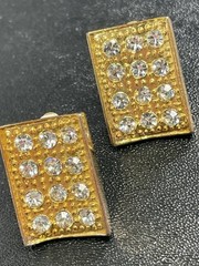 Vintage 1.1” Crystal Rhinestone Gold Tone Metal Rectangle Clip Earrings