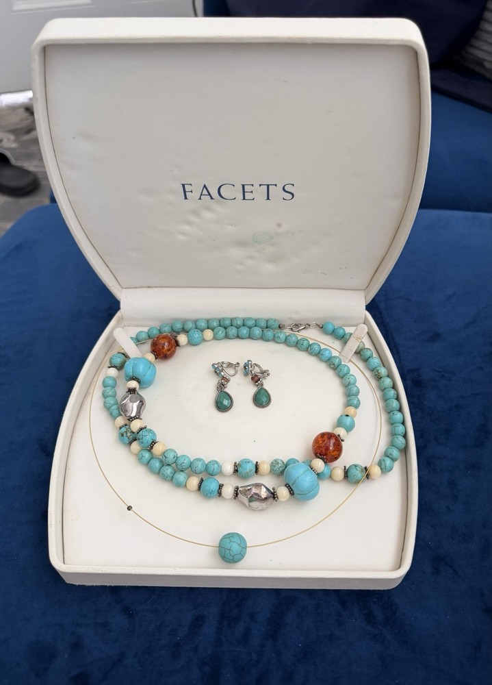 VTG FACETS 1 Turquoise Beaded And 1 Wired Turquoise Necklace Turquoise Earrings