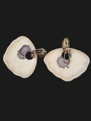Purple Iridescent Glazed White Ceramic Shell Fan Pierced Earrings Vtg