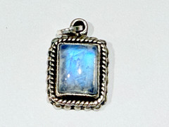 Vintage Sterling Silver Blue Moonstone Rectangular Cabochon Pendant Charm .75 In