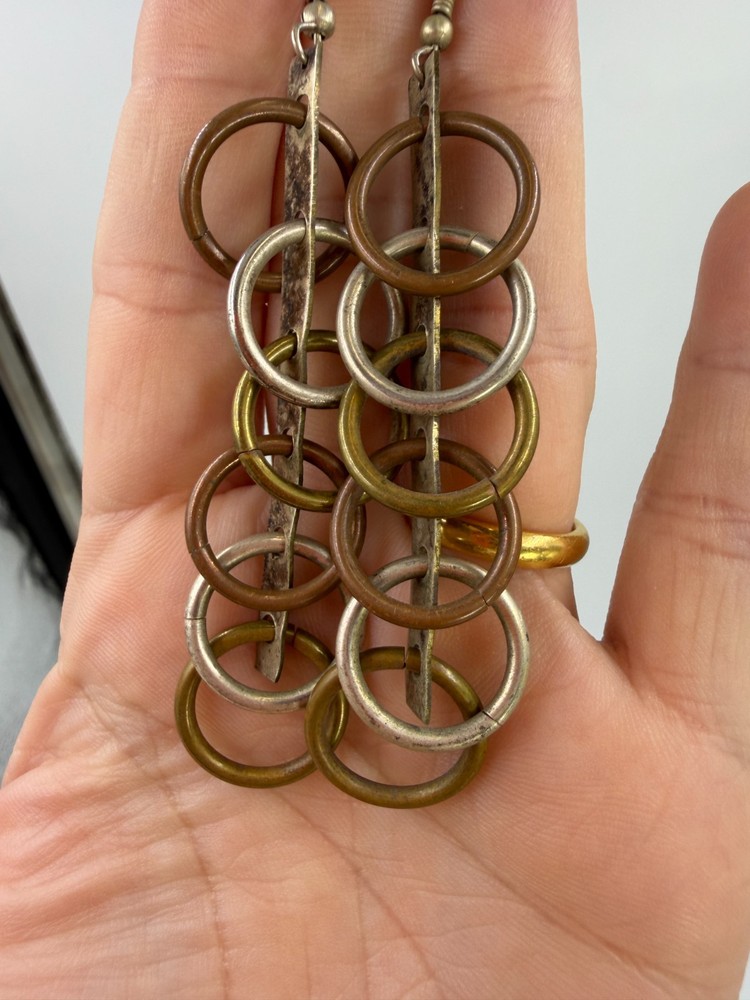 Vintage Earrings Modernist Hoop Mixed Metal Dangle Studio Art Pierced