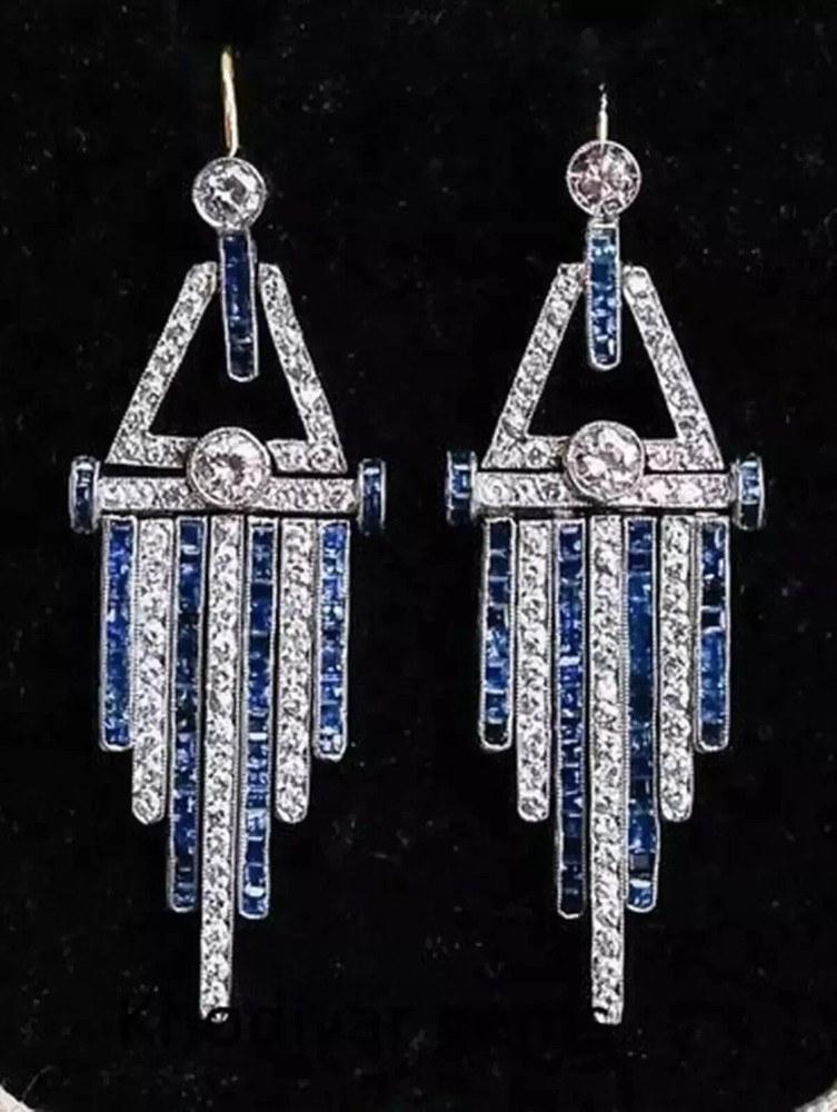 Art Deco Style Lab Created Diamond & Sapphire Dangle Earrings 14k White Gold FN