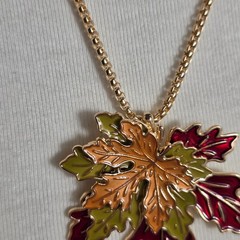 Tri-Colored Enamel Maple Leaf Pendant Necklace Gold Tone Chain