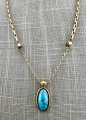 Liz Claiborne Necklace Faux Turquoise Glass Cabochon Pendant Gold Tone Signed 19