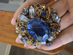 Vintage West Germany Baby Blue Art Glass Brooch Earrings Set Gold Tone Filigree