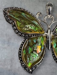 Vintage Faux Abalone Butterfly Pendent Silver Tone Large