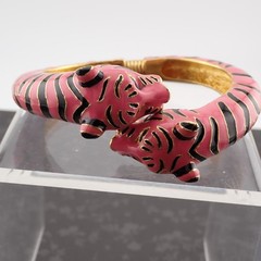Vintage KJL Kenneth J Lane Pink Enamel Tiger 6 3/4″ Clamper Gold Tone Bracelet