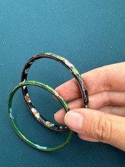 Vintage Cloisonne Enamel Bangle Green Floral Gold Slim Bracelet 8.5″