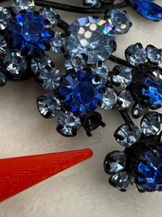Vintage Austria Rhinestone Flower Brooch Blue Black Enamel READ