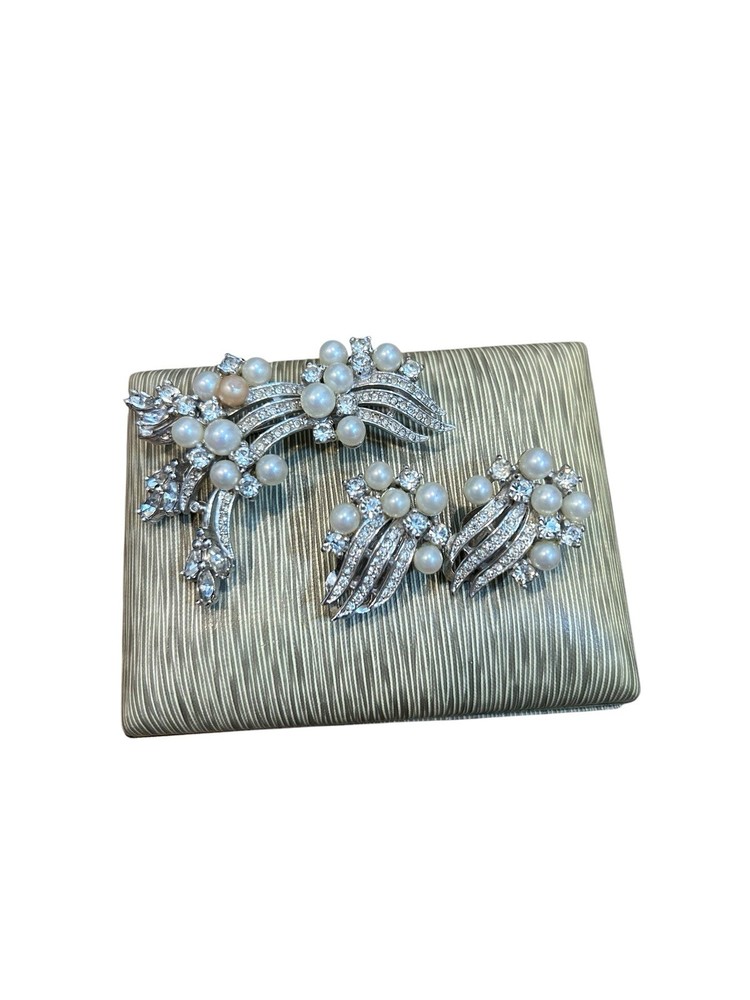 Vintage Penning Clip On Earrings & Brooch Pin Set Pearl Rhinestone Silver Tone