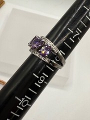 ESTATE STERLING SILVER PASTE AMETHYST THREE STONE RING PEAR HEART OVAL CZ SIZE 8