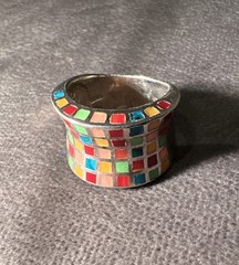 Vtg ZUNI ATI Sterling 925 Wide Band Pastel Mosaic Inlay Statement Ring Sz 7.5