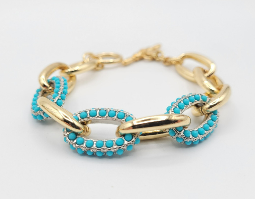 KJL Kenneth Jay Lane Vintage Gold Tone Round Link Turquoise Toggle Bracelet