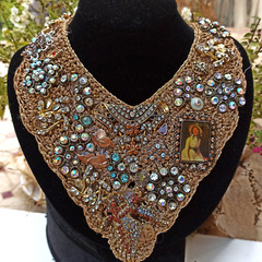 Bib V Necklace Recycled Assembly Jewelry OOAK Vintage Artisan Knitted Art Gift