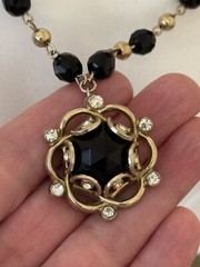 Vintage Coro Black Faceted Glass Bead Rhinestone Pendant Necklace Signed