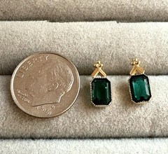 Vintage Dainty Rolled Yellow Gold Emerald Cut Green Pierced Post Earrings