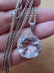 VINTAGE LARGE ROCK CRYSTAL COLORLESS WHITE QUARTZ PENDANT NECKLACE STERLING SLVR