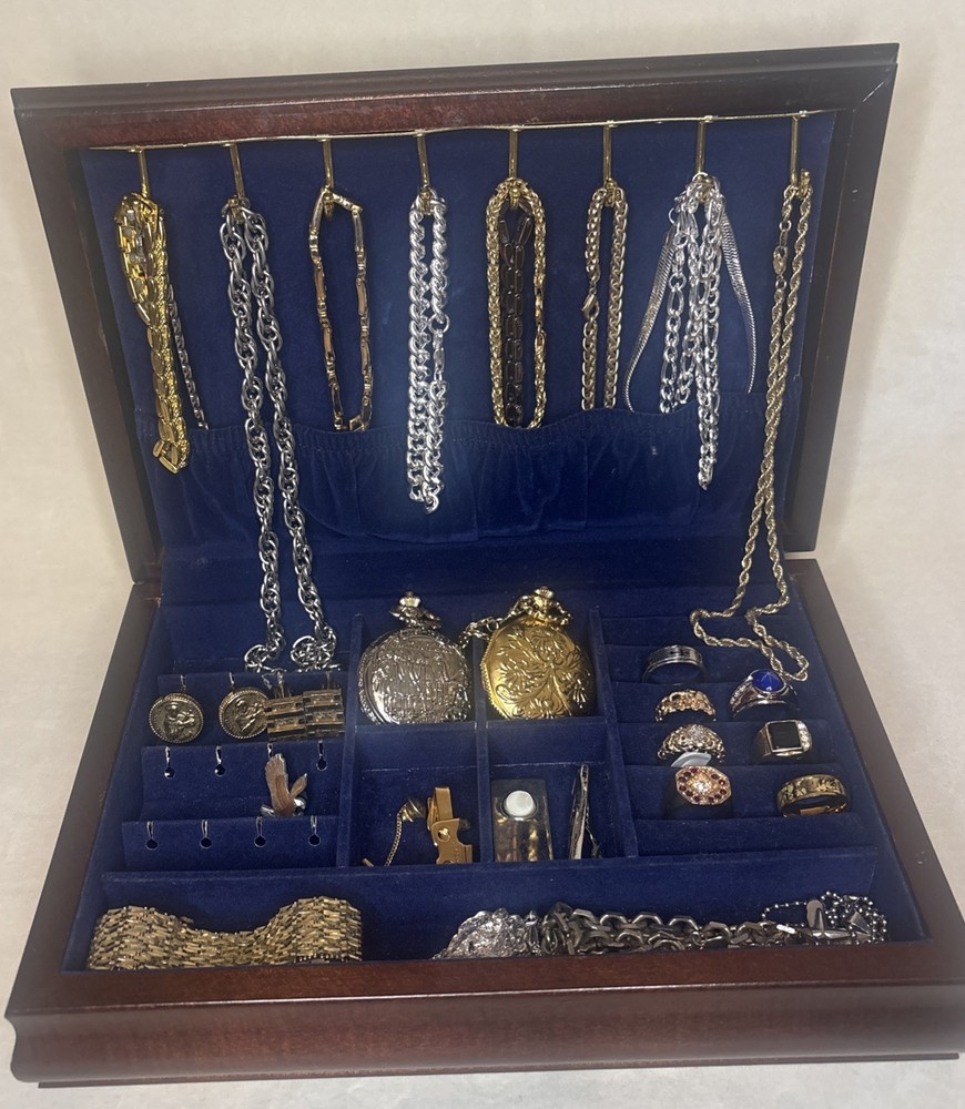 Men’s Powell Jewelry Box / Lot 30 Pc Rings Bracelets Necklaces Tie Clips Cuffs