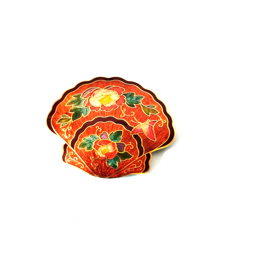 Vintage Cloisonne Floral Butterfly Enamel Buckle Seashell Shape