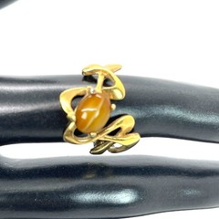 VTG 18KT HGE Gold Plate Ring Tiger Eye Art Nouveau Abstract MCM Retro Size 6.25