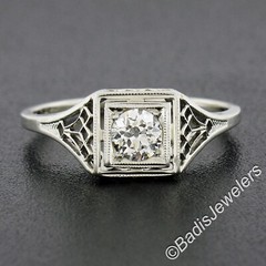 Antique Art Deco Belais 18K Gold Old European Diamond Squared Filigree Work Ring