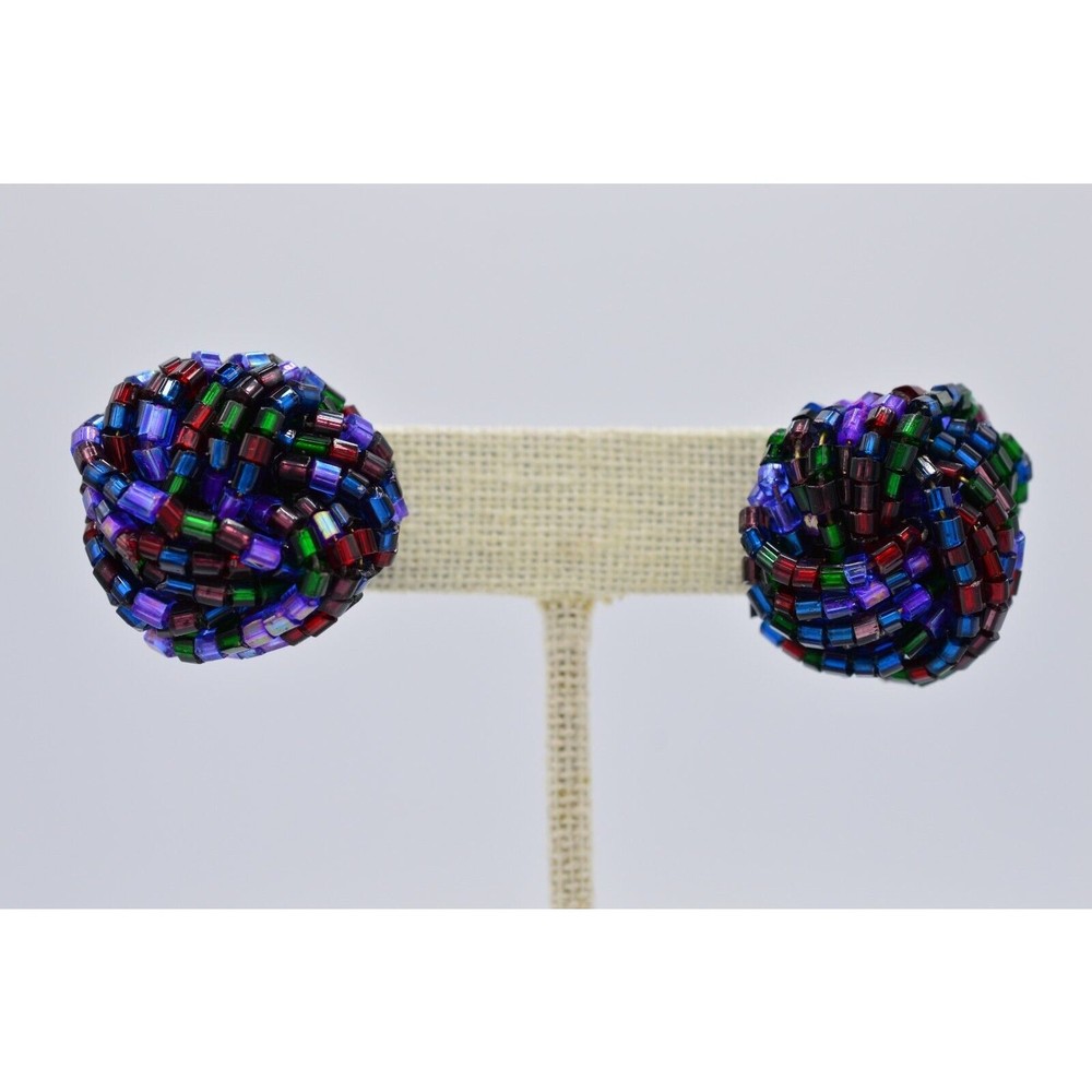Vintage Beaded Earrings Knot Purple Navy Metallic Multi-Color Post 1980s BinAF