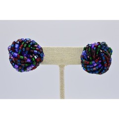 Vintage Beaded Earrings Knot Purple Navy Metallic Multi-Color Post 1980s BinAF