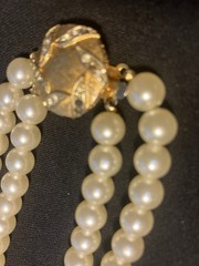Pearl Necklace Faux Vtg 2 Strand 23” L Leaf Pattern Clasp 5 Missing Rhinestones