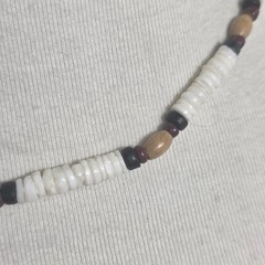 Puka Shell Necklace White Heishi Beads with Tan, Black & Burgundy Accent Beads