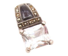 925 Sterling Silver Vintage Cubic Zirconia Onyx & Marcasite Pendant PT19201