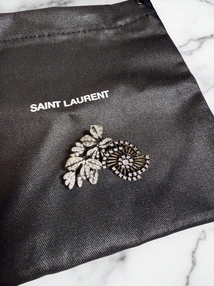 NIB Saint Laurent Crystal Flower Pin Brooch Set Authentic $545