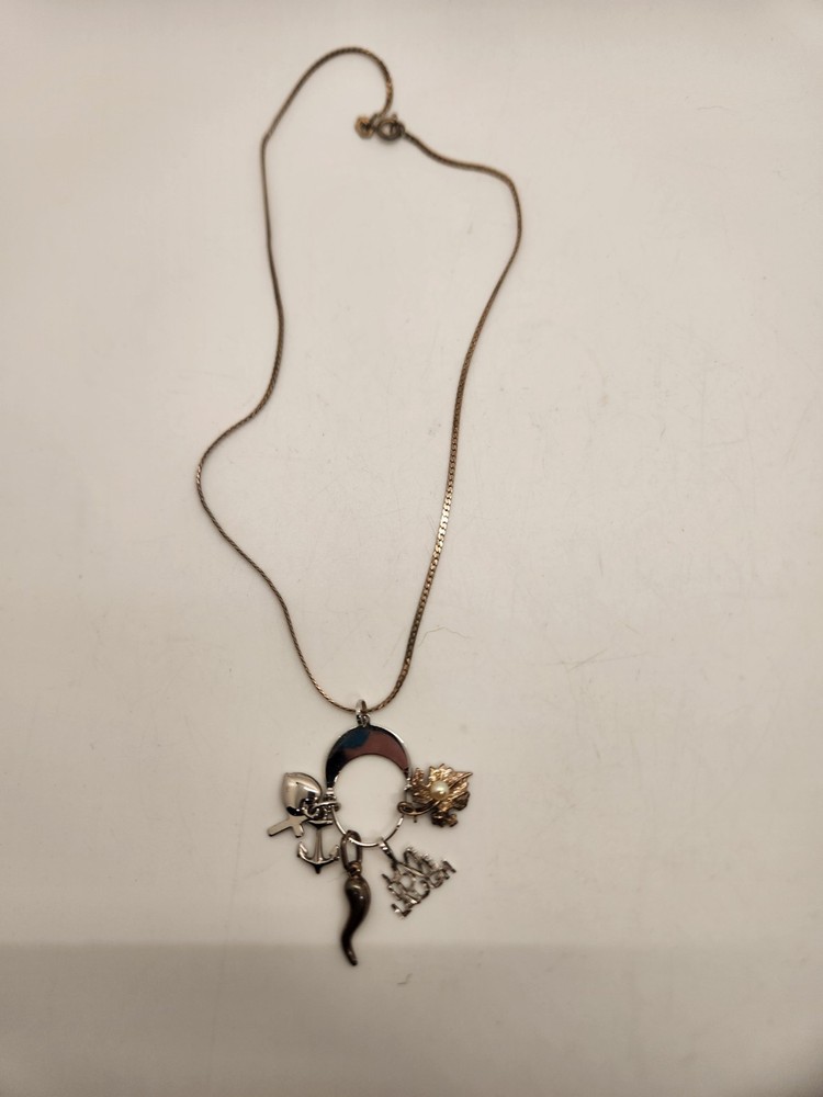 Vintage 925 Chain w/Charm Holder Pendant an 925 Charms Horn, Leaf, Cross Heart