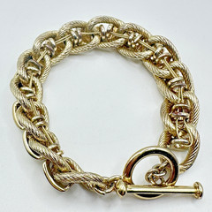 Vintage Gold Tone Cable Link Bracelet Cream Enamel Toggle Clasp Statement 6.75″