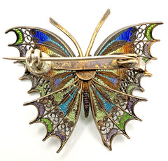 Antique 800 Silver Filigree Enamel Butterfly Brooch Multicolor Blue Green Pin