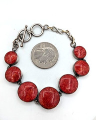 Vintage Stone Bracelet Sterling Silver 925 Composite Red Bezel Set Toggle 7-8″