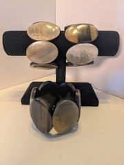 Three Polished Buffalo Horn Oval Panel Stretch Bracelet Chunky Bangles