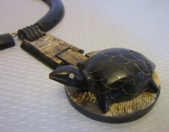 vintage Carved Horn Turtle Pendant Necklace Boho Tribal Wood Leather Brass 20″