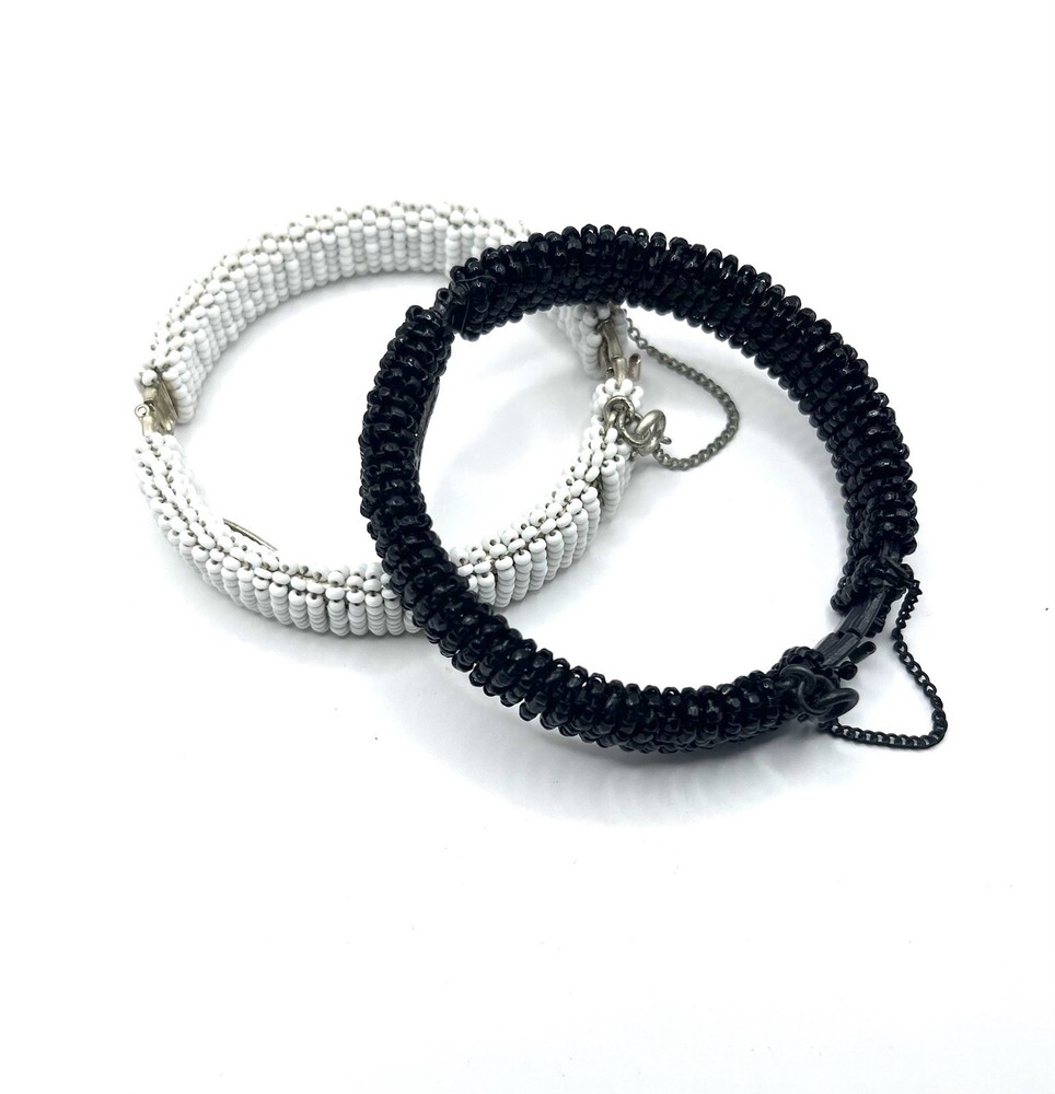 Vintage Miriam Haskell Signed Black & White Glass Seed Bead Bracelets