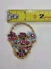 Pink Blue Rhinestone Flower Basket Brooch Pin Gold Tone Vintage 2 Inch Unsigned