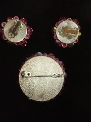 Vntg Brooch & Clip-on Earrings, Pink Aurora Borealis Crystal, Wired, Silver-Tone