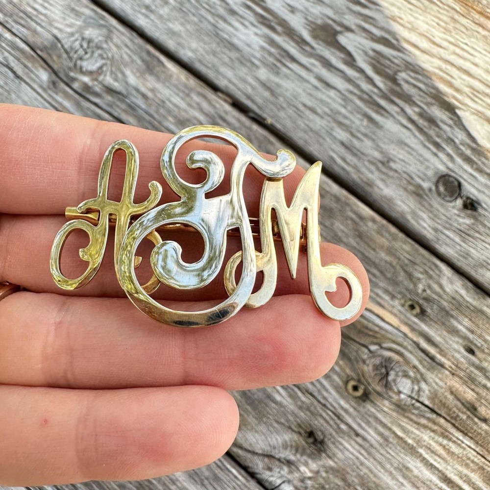 Vintage Jewelry AMT monogram brooch Gold Tone AMT Pin