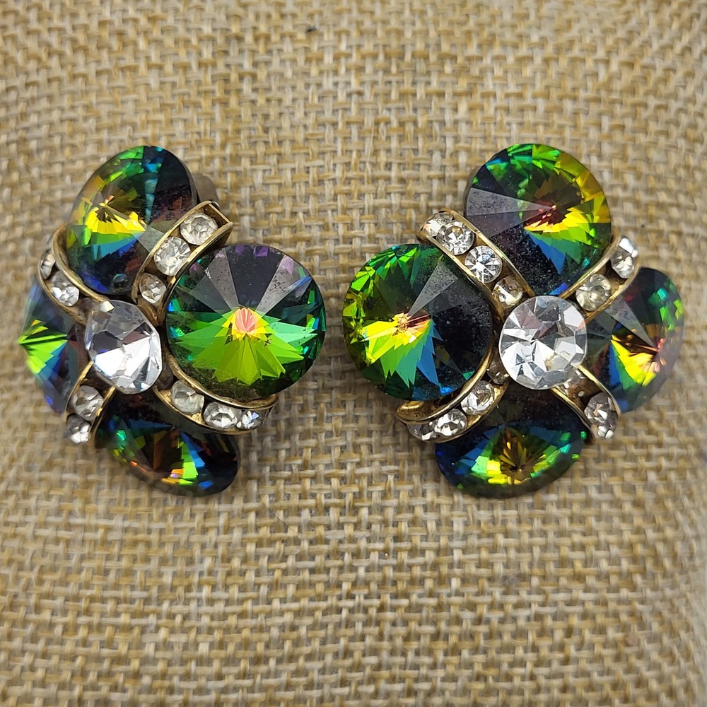 Stunning Rivoli rhinestone clip earrings unsigned Rainbow watermelon bold