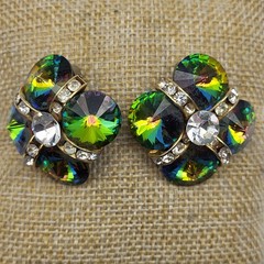 Stunning Rivoli rhinestone clip earrings unsigned Rainbow watermelon bold