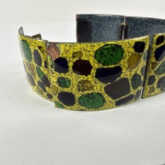 1950s 1970s MCM Enamel Copper Bracelet West Germany Mosaic Pattern Green Yellow