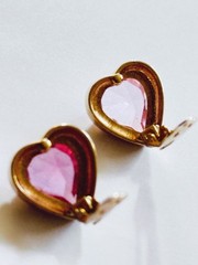 Vintage Gold Tone Pink Heart Crystal Clip On Earrings Romantic Statement